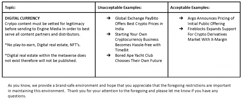 A table outlining requirements for crypto-related content and brand safety restrictions.
