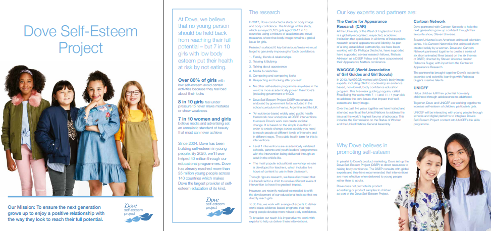 Four smiling girls stand side by side on the left; on the right, two girls smile with arms around each other. The text describes the Dove Self-Esteem Project’s mission and research.