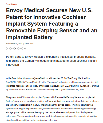 Screenshot of a press release announcing Envoy Medical’s new U.S. patent for a cochlear implant system with a removable earplug sensor and an implanted battery.