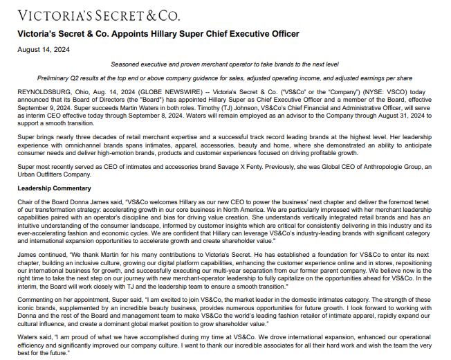 Screenshot of a press release announcing Hillary Super as the new CEO of Victoria’s Secret & Co., effective September 8, 2024, with statements from company leadership and details of her background.
