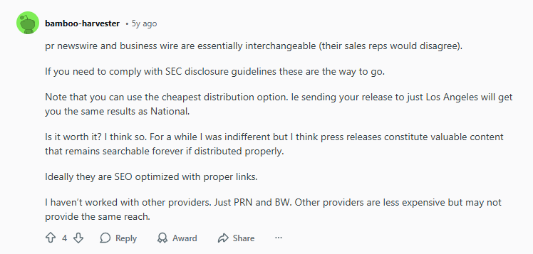 A forum post discussing differences between PR Newswire and Business Wire, noting their interchangeability, SEO optimization, and distribution options for press releases.